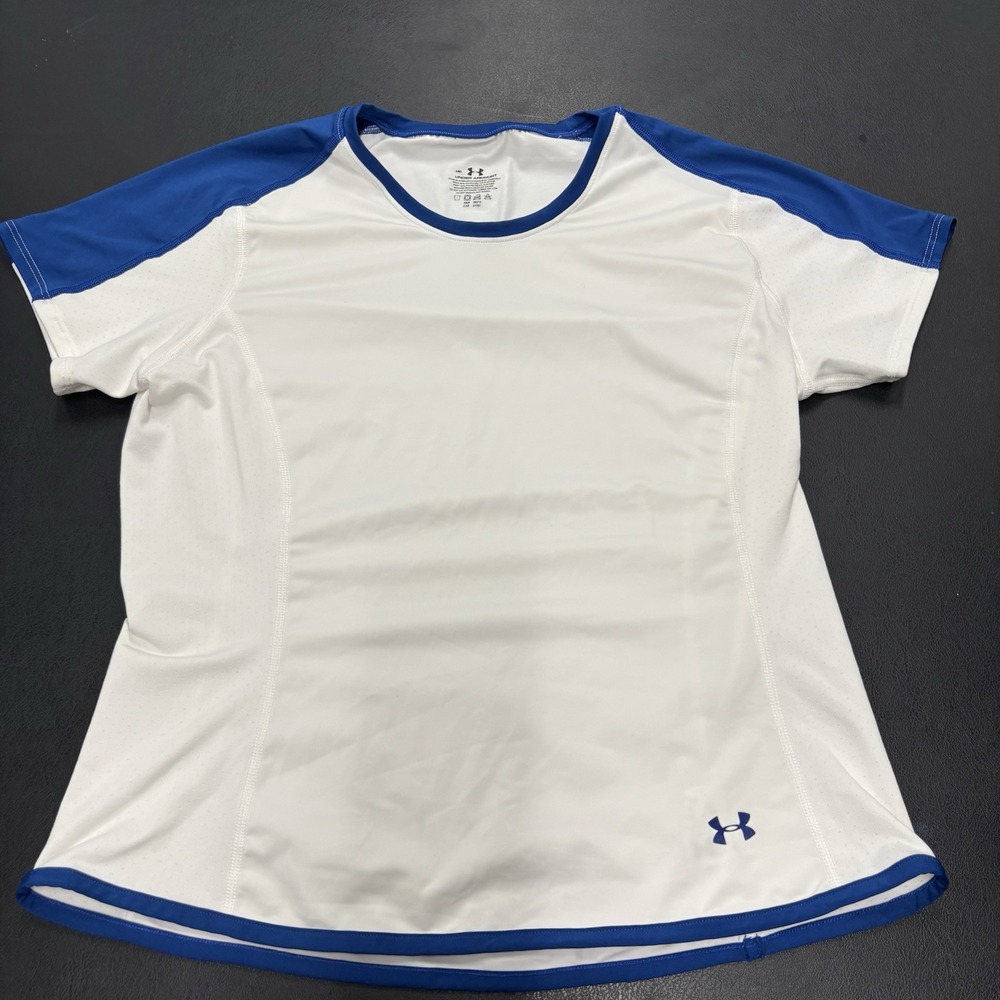 Under Armour Short‎ Sleeve Shirt Tennis Womens Medium White Blue Athletic